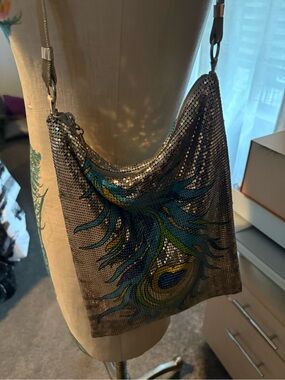 Silver mesh Whiting  and Davis Bag with colorful Peacock Feather Detail 🦚unique